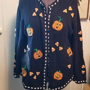 The Quacker Factory Vintage Halloween Pumpkin Candy Corn Sweater Cardigan